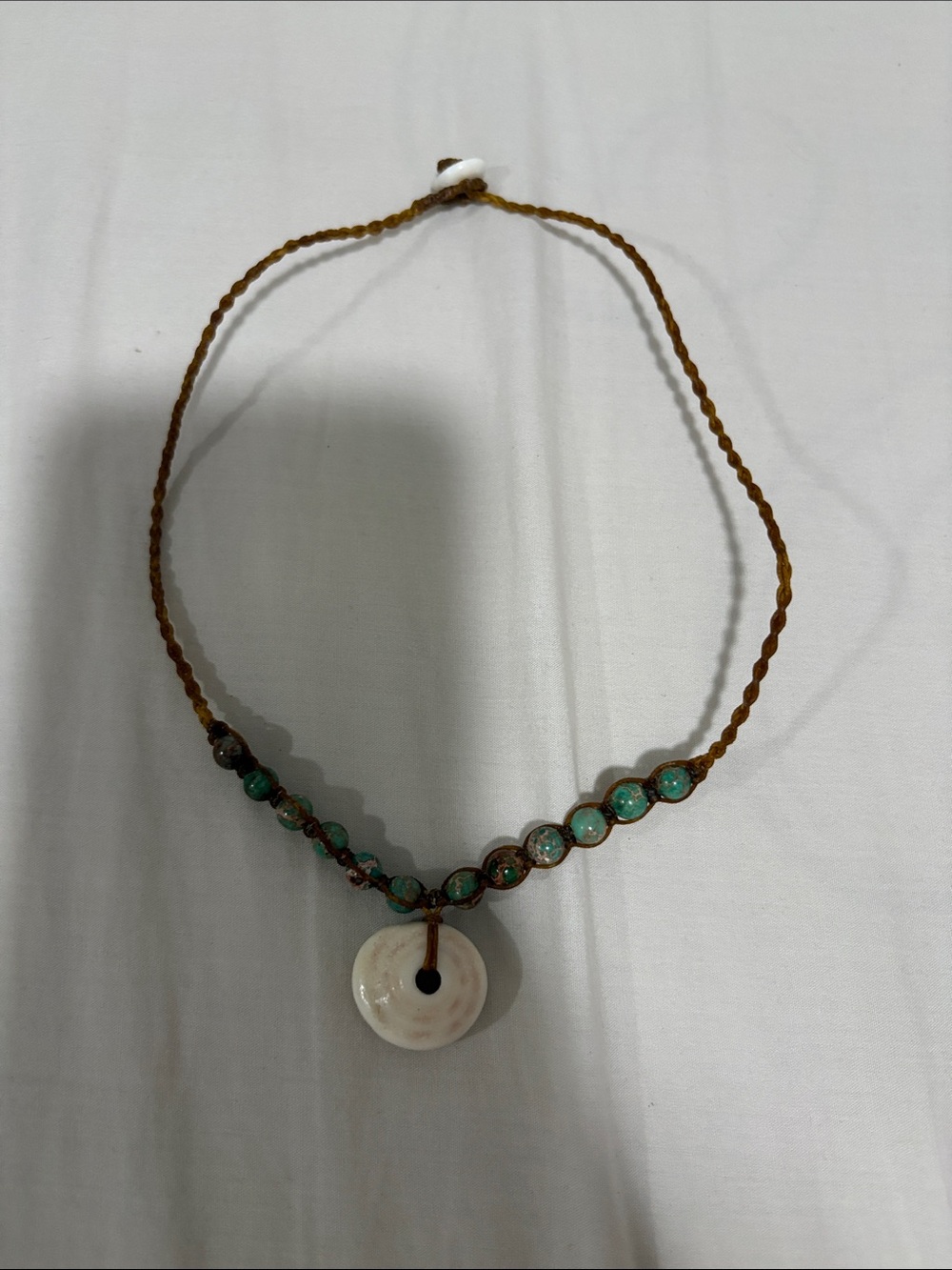 Bohemian Turquoise Bead & White Shell Pendant Braided Necklace